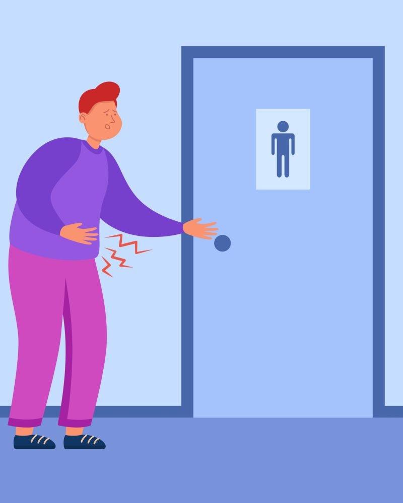 Cartoon man with stomachache standing in front of toilet door. Person with diarrhea needing to go to bathroom flat vector illustration. Hygiene, disease, health concept for banner or landing web page